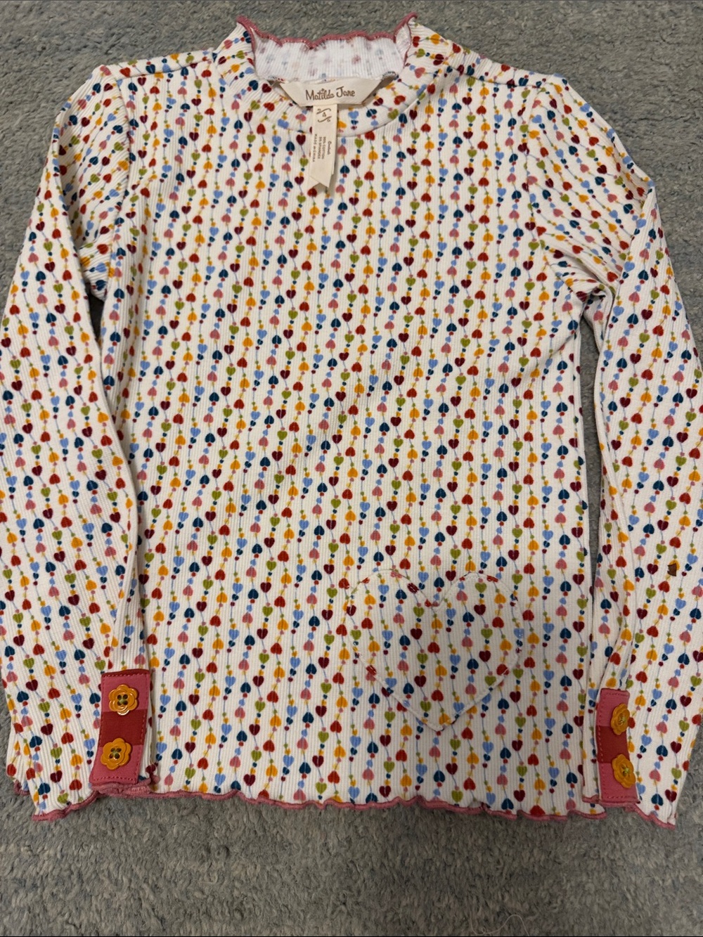 Matilda Jane White Long-Sleeve Ribbed Shirt with Multicolor Floral Dot Pattern